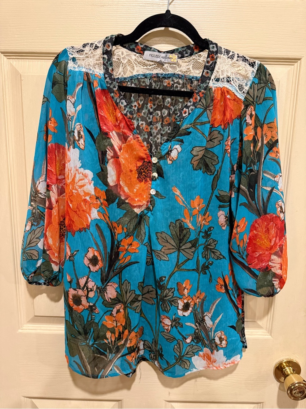 Figuero & Flower Turquoise Floral Lace-Trim V-Neck Blouse